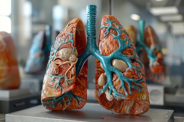 A 3D model of the lungs with visual effects showing the process of respiration