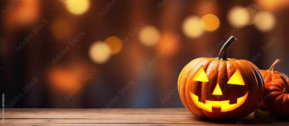 Poster blur background adds depth to halloween pumpkin on wooden planks creating an interesting copy space 