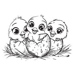 Chicks hatching from eggs, vector illustration on white background for kids coloring book
