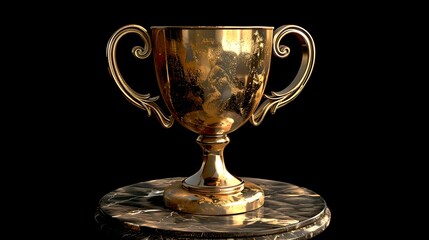 Shiny gold trophy cup on a marble base, symbolizing victory and success. Elegant award for achievements in competitions. Ideal for celebration events. AI