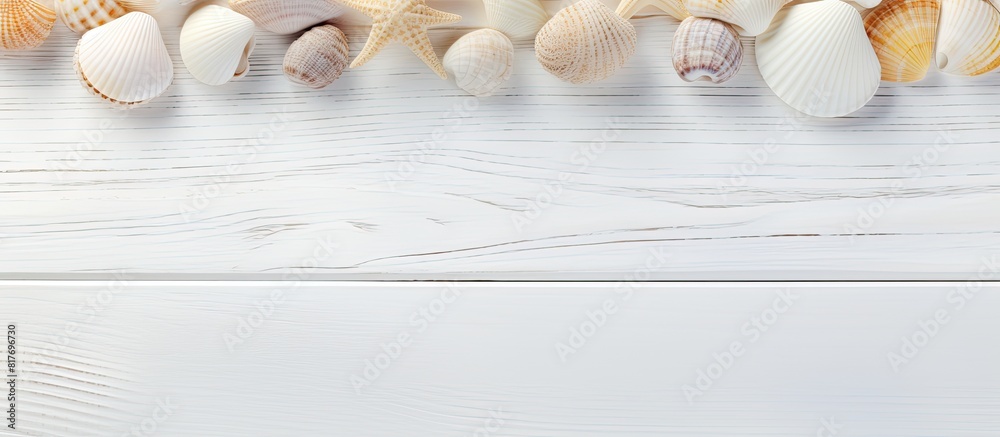 Poster close up copy space image of sea shells on white wooden planks representing the concept of summer va