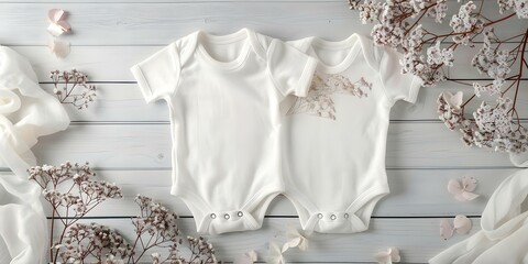 White Twin Baby Onesies Perfect for Announcements or Product Mockups. Concept Twin Babies, White Onesies, Announcement Photos, Product Mockups