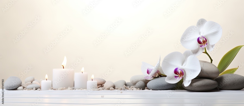 Poster Close up copy space image of a serene spa set against a pristine white background