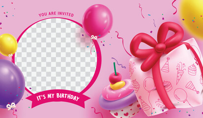 Birthday invitation card vector template. It's my birthday greeting with blank space for picture and inflatable gift, cup cake balloons decoration elements. Vector illustration birthday invitation 