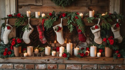 Fototapeta premium Set the scene for holiday gatherings with a beautifully decorated mantle, featuring stockings hung with care and flickering candlelight.