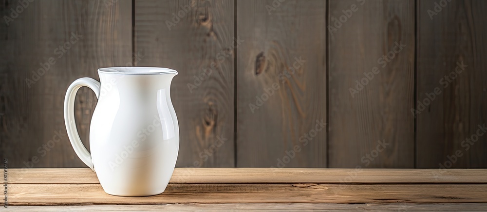 Poster A copy space image of a jug filled with milk placed on a rustic wooden table