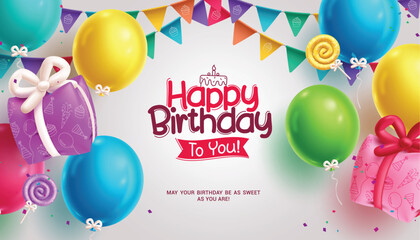 Happy birthday greeting vector background. Birthday greeting text with balloons, gift inflatable and banners streamers decoration elements for invitation card design. Vector illustration birthday 