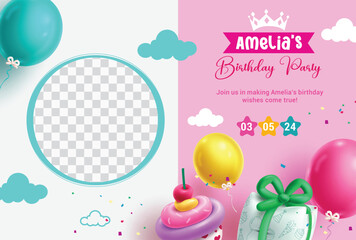 Birthday party invitation vector template. Birthday invitation card with empty blank space for girl picture with balloons elements decoration. Vector illustration birthday greeting template. 
