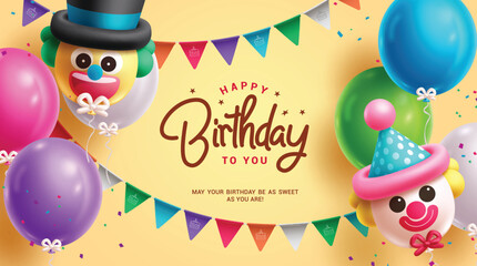 Birthday greeting card vector design. Happy birthday greeting text with clown inflatable, balloons and pennants streamers in yellow background. Vector illustration birthday card template. 
