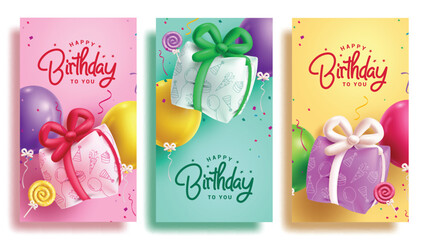 Birthday greeting vector poster set design. Happy birthday greeting text with gift inflatable and colorful balloons party elements for invitation card collection. Vector illustration birthday greeting
