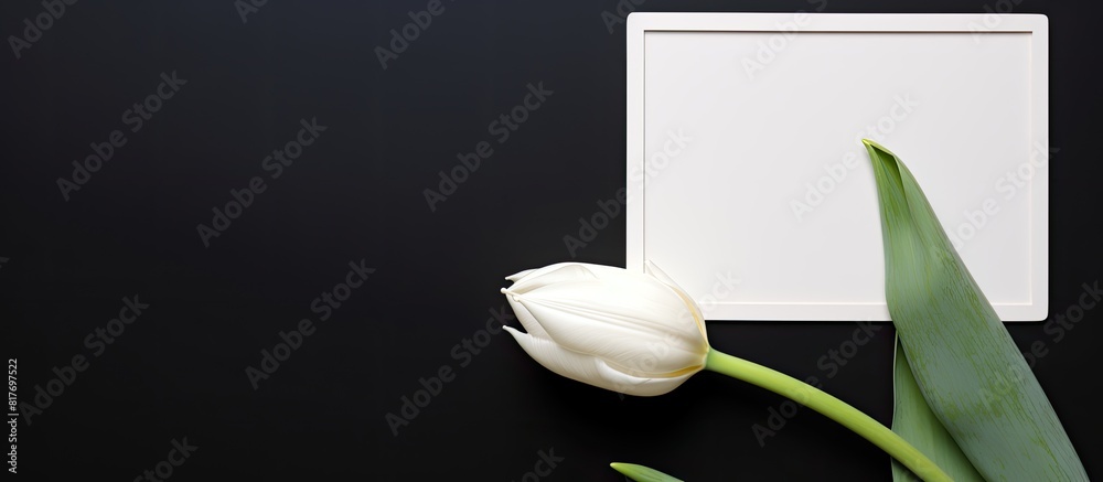 Fototapete abstract copy space image of a blank photo frame with a white tulip set against a black background