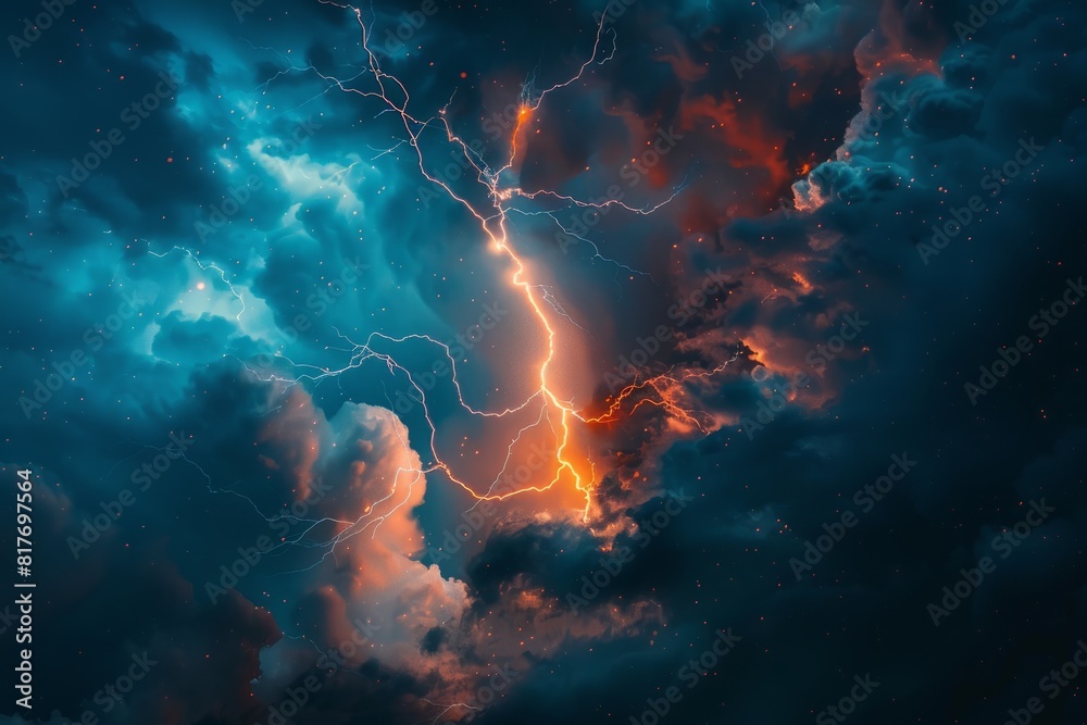 Wall mural a closeup image capturing a lightning strike illuminating the night sky amidst clouds, showcasing in - Wall murals