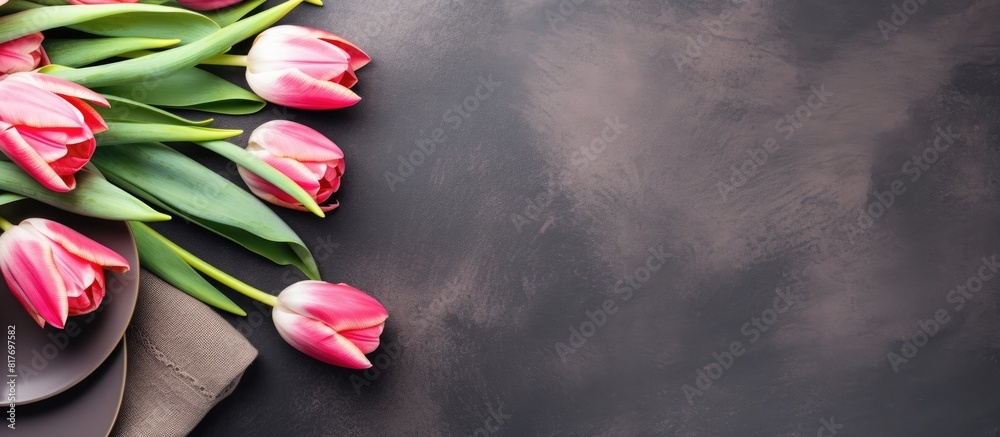 Leinwandbilder Flat lay of a festive Easter table setting adorned with gorgeous tulips and willow branches providing ample copy space for text