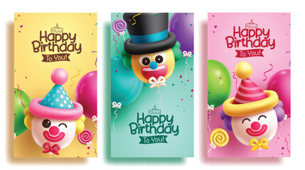 Happy birthday greeting vector poster set design. Birthday balloons clown inflatable party elements for kids happy invitation card lay out collection. Vector illustration birthday greeting design. 
