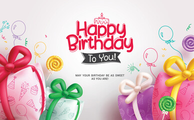 Happy birthday greeting vector template design. Birthday greeting text with gift inflatable colorful balloons party elements for invitation card background. Vector illustration birthday greeting 