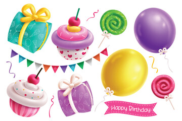 Birthday balloons elements vector set design. Birthday inflatable gift, cup cake, lollipop balloons and pennants element collection isolated in white background. Vector illustration balloons birthday 