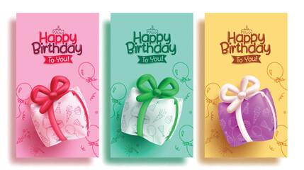 Birthday balloons gift vector poster set design. Happy birthday greeting text with gifts inflatable balloon party elements in pink, green and yellow template collection. Vector illustration birthday 
