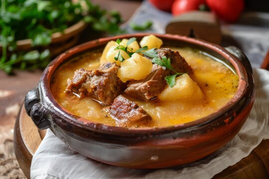 Brazilian dish Caldo de Mandioca made with cassava and meat is delicious