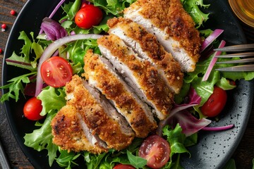 Breaded chicken steak with fresh salad top view