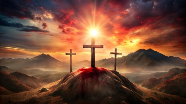 A scene that depicts a cross stained by the blood of Jesus Christ, at the top of the mountain, with two more empty crosses, without blood, one on each side of the middle cross