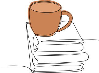 Liear drawing of books with a cup of coffee. 
