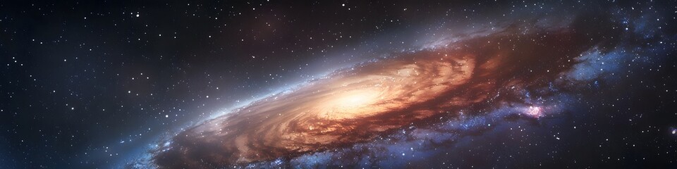 Naklejka premium Panoramic astrophotography of visible Milky Way galaxy. Stars, nebula and stardust at night sky