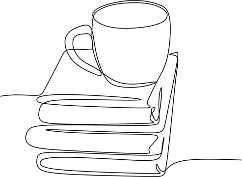 Liear drawing of books with a cup of coffee. 