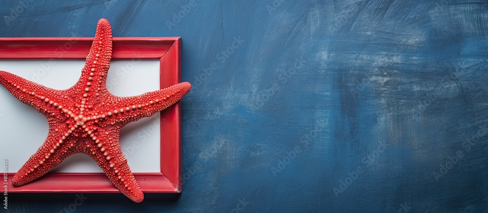 Poster copy space image of a red starfish frame against a dark blue old background evoking the essence of a