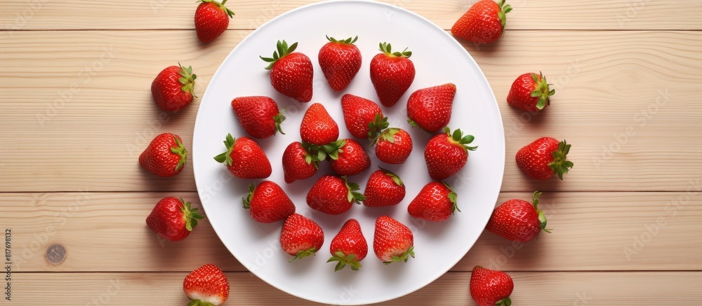 Poster A close up top view of strawberries arranged on a white plate set against a wooden background Offers ample copy space for adding text