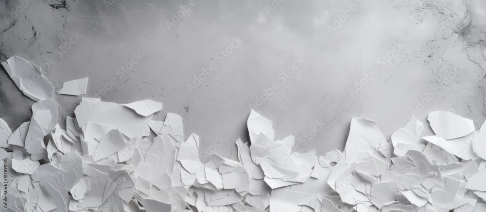 Poster An assortment of torn paper pieces in shades of white displayed on a textured gray backdrop creating a versatile copy space image