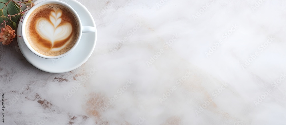 Poster a top down view of a steaming cup of coffee placed on a marble table along with a handmade coffee cu