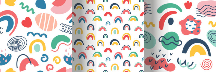 Abstract seamless patterns set in cartoon design on a white background. Collection bright hand drawn isolated elements in flat style. Vector illustration.
