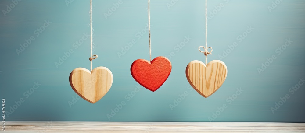 Poster there is a copy space image featuring three wooden hearts suspended on a delicate rope