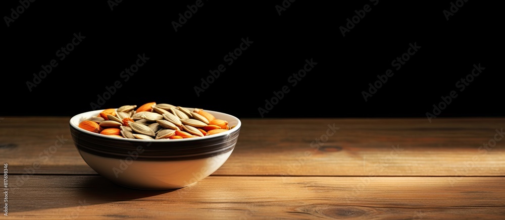 Leinwandbilder a small bowl containing pumpkin seeds sits on a wooden surface with two contrasting colors creating 
