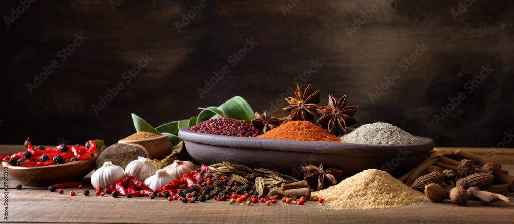 Poster a variety of spices accompanied by a mortar is placed on a wooden table in the kitchen the image pro