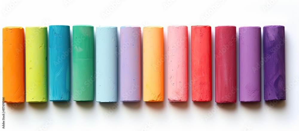 Poster A vibrant assortment of multicolored chalk for drawing is placed on a white background creating a perfect copy space image