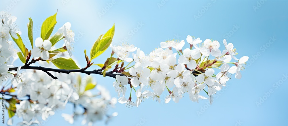 Poster copy space image of a flowering bird cherry tree branch against a serene blue sky in a beautiful spr