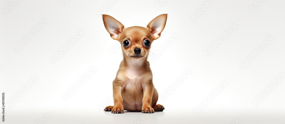 Poster A cute Chihuahua puppy sitting against a plain white background creating a perfect copy space image