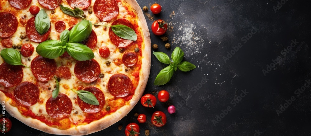 Poster a top down view of a pepperoni pizza with a close up of fresh basil on a light concrete or stone tab