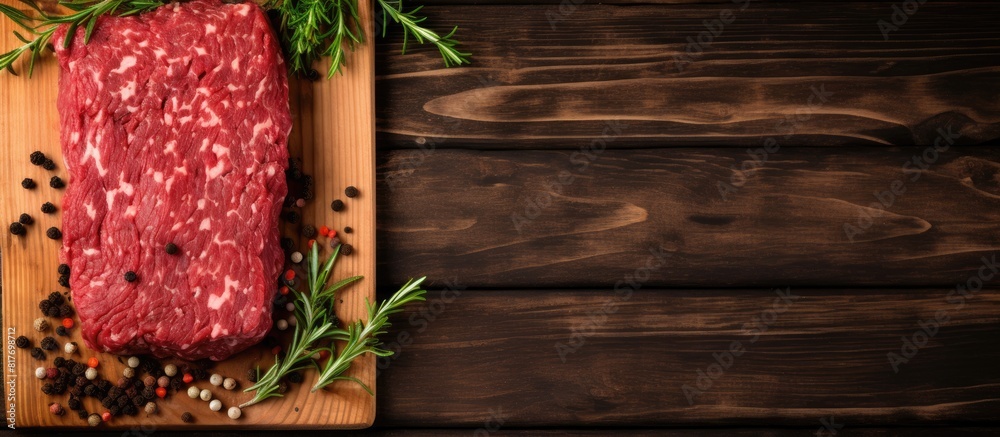 Poster a copy space image of raw minced beef meat with herbs on a wooden background seen from a top down pe