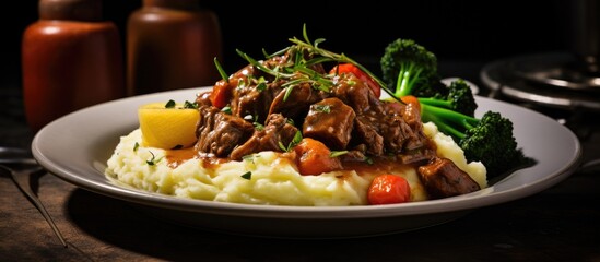 A delicious British dish featuring hashed beef showcasing traditional home cooking Copy space image