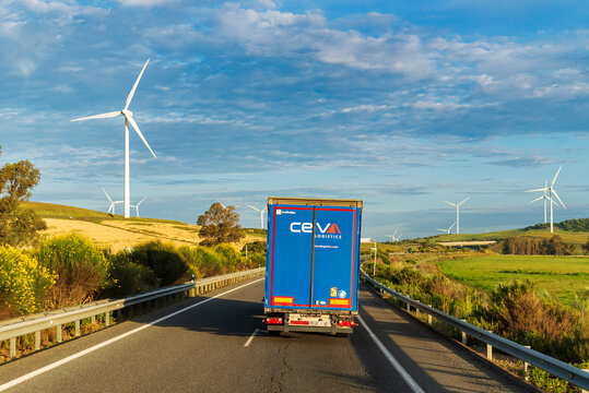 Seville, 5.9.2024; Truck with the logo of the CEVA Logistics company, a multinational transport and logistics company based in France.