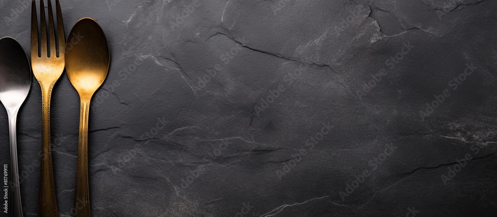 Aufkleber Top view of a set of salad cutlery on a dark background made of slate stone or concrete with ample space for additional images or text