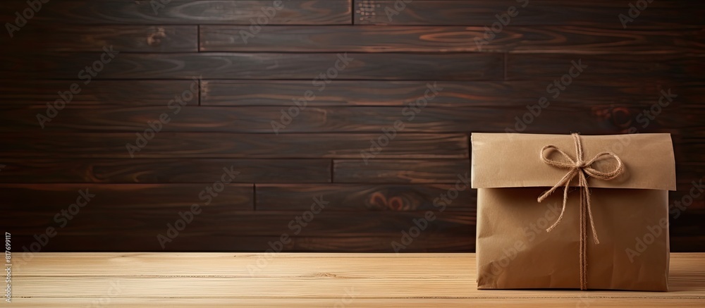 Poster There is a gift box and a blank brown paper bag placed on a table with a wooden background creating a visually appealing copy space image