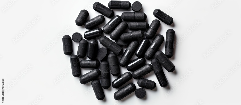 Aufkleber a copy space image featuring capsules of activated carbon known as charcoal on a white background