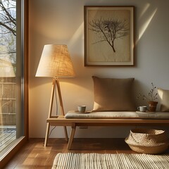 Interior design wooden bench table lamp warm light
