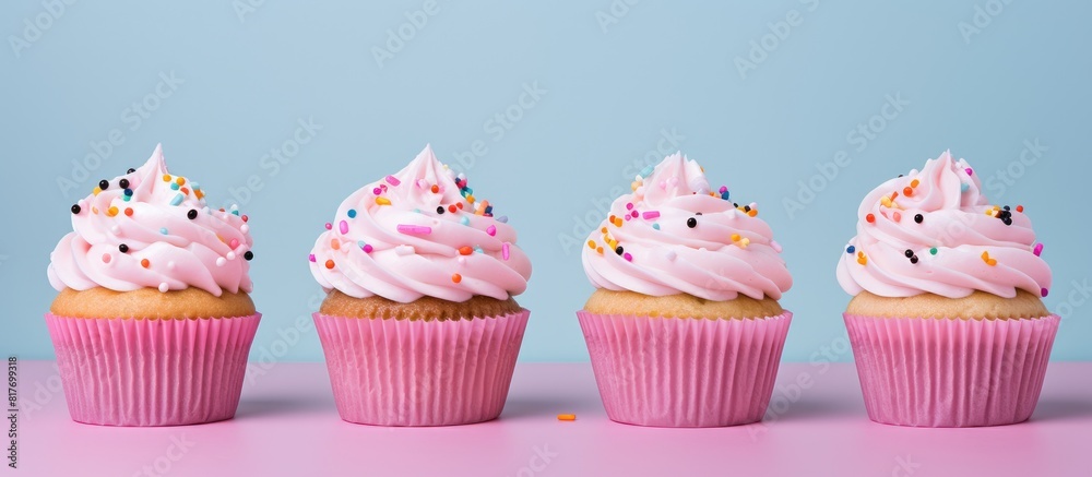 Poster colorful sprinkles and pink frosting adorn the cupcakes creating a visually appealing and delicious 