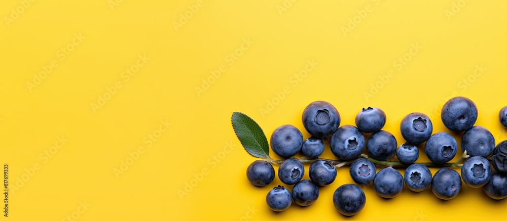 Poster flat lay of ripe blueberries on a vibrant yellow backdrop with copy space image