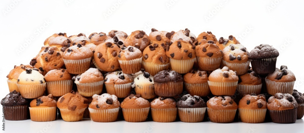 Poster A pile of muffins arranged separately on a white background leaving empty space for other images to be added if needed. Creative banner. Copyspace image