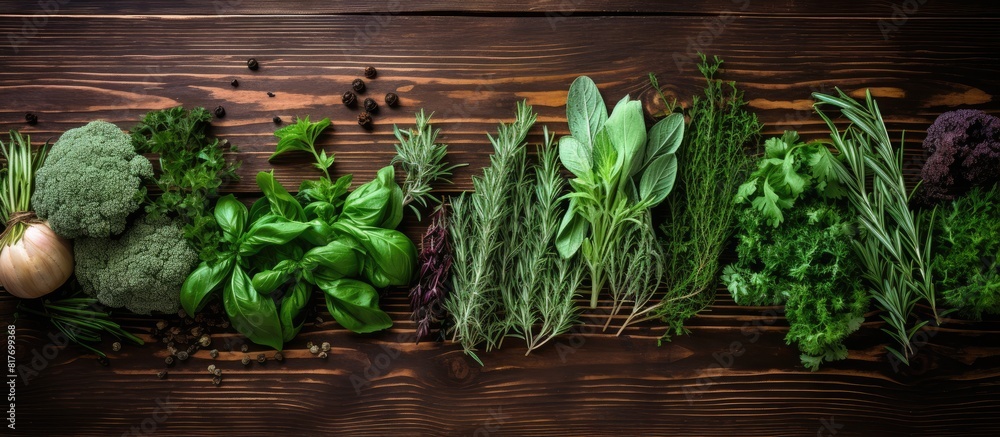 Poster A top down view of fresh garden herbs arranged on a wooden table with ample space for additional content in the image